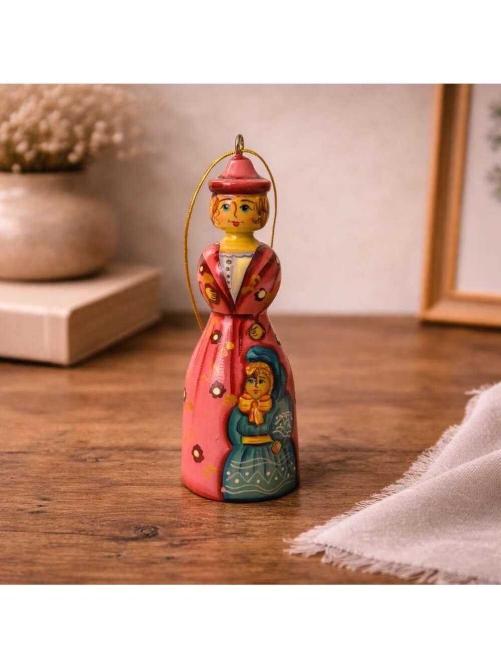 Russian Folk Art Lady Ornament Hand Painted Wood Doll Made In Russia